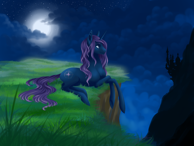 Size: 1371x1036 | Tagged: safe, artist:haventide, derpibooru import, oc, oc:ebony sky, unofficial characters only, pony, unicorn, canterlot, male, moon, night, solo, stallion, stars