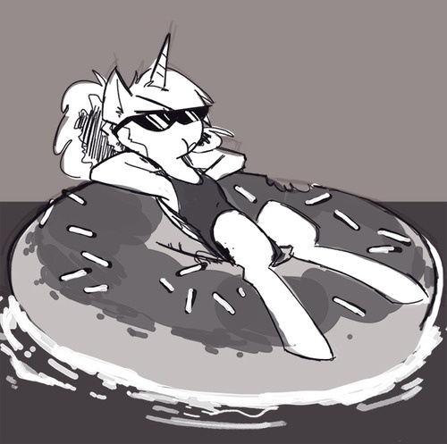 Size: 500x497 | Tagged: artist:herny, clothes, derpibooru import, donut, food, grayscale, luna-afterdark, monochrome, on back, one-piece swimsuit, princess luna, safe, solo, sunglasses, swimsuit