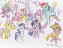 Size: 900x687 | Tagged: safe, artist:semijuggalo, derpibooru import, angel bunny, applejack, fluttershy, pinkie pie, rainbow dash, rarity, spike, twilight sparkle, twilight sparkle (alicorn), alicorn, pony, balloon, get hype, mane seven, mane six, my body is ready, party, traditional art