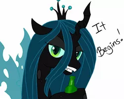 Size: 1800x1440 | Tagged: safe, artist:bees, derpibooru import, queen chrysalis, changeling, changeling queen, /mlp/, alcohol, beer, drawthread, grin, heineken, image, it begins, jpeg, looking at you, mundane utility, solo, text, white background