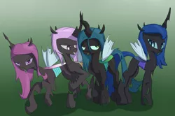 Size: 2553x1697 | Tagged: artist:iados, blue changeling, changeling, changelingified, changeling queen, derpibooru import, gradient background, green background, princess cadalis, princess cadance, princess celestia, princess chryslestia, princess luna, princess lusalis, purple changeling, queen chrysalis, safe, simple background