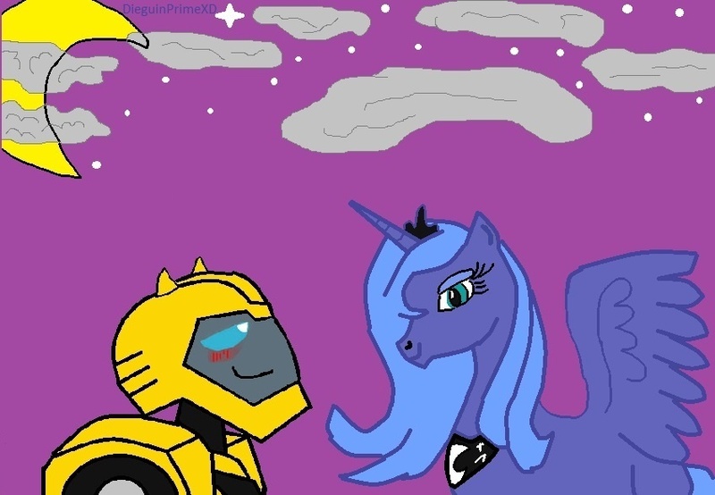 Size: 848x587 | Tagged: artist:dieguinprimexd, bumblebee, crossover, derpibooru import, princess luna, s1 luna, safe, transformers, transformers animated