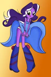 Size: 896x1339 | Tagged: suggestive, artist:ohohokapi, deleted from derpibooru, derpibooru import, oc, oc:purple tinker, unofficial characters only, equestria girls, breasts, cleavage, clothes, dress, equestria girls-ified, female, gradient background, panties, skirt, solo, solo female, underwear, upskirt