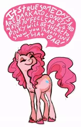 Size: 510x808 | Tagged: artist:turtle-arts, chest fluff, cute, derpibooru import, diapinkes, eyes closed, happy, hooves, inspirational, motivation, pinkie pie, positive message, positive ponies, safe, smile song, smiling, solo, speech bubble, unshorn fetlocks