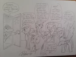 Size: 1024x768 | Tagged: safe, artist:andypriceart, derpibooru import, applejack, fluttershy, rainbow dash, rarity, twilight sparkle, twilight sparkle (alicorn), alicorn, pony, andy you magnificent bastard, behind the scenes, crossover, dialogue, diva, door, female, flutterbitch, mare, scooter (muppet), the muppets, traditional art, working