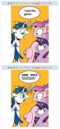 Size: 239x510 | Tagged: derpibooru import, exploitable meme, juxtaposition, meme, princess cadance, safe, screaming armor, shining armor, spoiler:comic, twilight sparkle