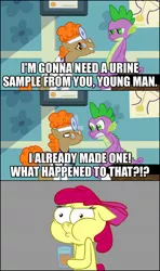 Size: 850x1437 | Tagged: apple bloom, derpibooru import, doctor muffin top, drink meme, exploitable meme, hippocrates, horse md, meme, safe, screencap, secret of my excess, spike