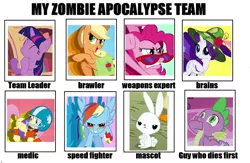 Size: 680x443 | Tagged: angel bunny, applejack, derpibooru import, fluttershy, mane six, meme, pinkie pie, rainbow dash, rarity, safe, spike, spikeabuse, twilight sparkle, zombie apocalypse team