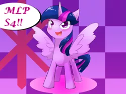 Size: 800x600 | Tagged: safe, artist:yajima, derpibooru import, twilight sparkle, twilight sparkle (alicorn), alicorn, pony, season 4, excited, female, happy, hype, in-universe pegasister, mare, open mouth, pixiv, smiling, solo, speech bubble, spread wings