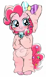 Size: 931x1554 | Tagged: safe, artist:momo, derpibooru import, pinkie pie, cat, pony, askharajukupinkiepie, bell, bell collar, bipedal, blushing, bow, clothes, collar, costume, cute, diapinkes, eye clipping through hair, grin, kigurumi, looking at you, pajamas, pinkie cat, smiling, solo