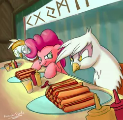 Size: 1931x1881 | Tagged: safe, artist:kanashiipanda, derpibooru import, gilda, pinkie pie, earth pony, gryphon, pony, contest, eating contest, female, food, futhark, hot dog, ketchup, mare, mustard, ponies eating meat, quadrupedal, runes, table