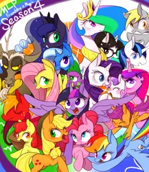 Size: 1000x1150 | Tagged: safe, artist:30clock, derpibooru import, apple bloom, applejack, big macintosh, derpy hooves, discord, fluttershy, pinkie pie, princess cadance, princess celestia, princess luna, rainbow dash, rarity, raven, scootaloo, shining armor, spike, sweetie belle, trixie, twilight sparkle, twilight sparkle (alicorn), alicorn, pony, season 4, action poster, cutie mark crusaders, everypony, female, mane seven, mane six, mare, pixiv