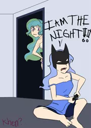 Size: 1000x1400 | Tagged: artist:kprovido, batman, celestia is not amused, derpibooru import, door, gamer luna, human, humanized, i am the night, light skin, mask, observer, princess celestia, princess luna, safe