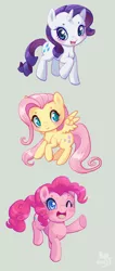 Size: 702x1650 | Tagged: artist:mazzlebee, blushing, cute, derpibooru import, fluttershy, open mouth, pinkie pie, pointing, raised hoof, rarity, safe, silly face, smiling, spread wings, wide eyes, wink