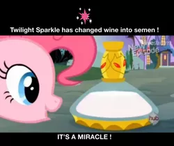 Size: 1600x1337 | Tagged: suggestive, derpibooru import, pinkie pie, pony, princess twilight sparkle (episode), cum, female, flashback potion, hub logo, implied cum, mare, miracle, not milk, solo