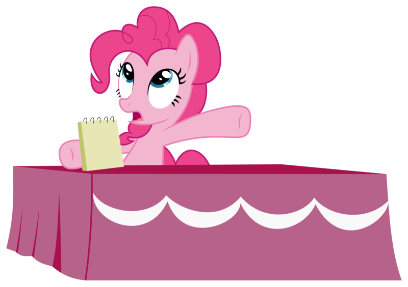 Size: 2879x2030 | Tagged: artist:synch-anon, artist:twiforce, castle mane-ia, derpibooru import, notepad, pinkie pie, safe, season 4, simple background, solo, table, transparent background, vector