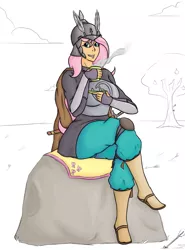 Size: 1188x1606 | Tagged: armor, arrow, artist:hamflo, cape, clothes, derpibooru import, drawfag, drinking, feather, fluttershy, grass, helmet, human, humanized, islam, islamashy el fatih, light skin, ottoman, safe, sipahi, sitting, soldier, solo, sword, tea, tree, turkic, turkish, warrior