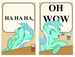 Size: 523x400 | Tagged: safe, artist:sersys, derpibooru import, lyra heartstrings, pony, unicorn, captain haddock, cup, drink, drunk, eyes closed, female, glass, ha ha ha oh wow, image, jpeg, laughing, laughingmares.jpg, magic, mare, meme, open mouth, open smile, reaction image, smiling, solo, telekinesis, tintin