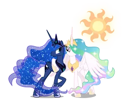 Size: 7600x6100 | Tagged: safe, artist:jordila-forge, derpibooru import, princess celestia, princess luna, alicorn, pony, absurd resolution, crescent moon, cutie mark, duo, ethereal mane, female, hug, mare, moon, older, raised hoof, royal sisters, side hug, simple background, sisters, smiling, spread wings, starry mane, sun, transparent background, ultimate luna