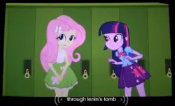 Size: 506x308 | Tagged: safe, derpibooru import, screencap, fluttershy, twilight sparkle, equestria girls, meme, vladimir lenin, youtube caption