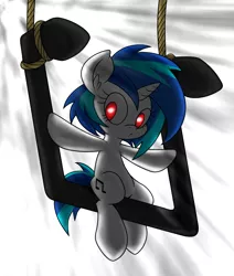 Size: 1500x1767 | Tagged: artist:dfectivedvice, backlighting, colored, derpibooru import, music notes, rope, safe, solo, suspended, vinyl scratch