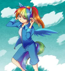 Size: 1379x1500 | Tagged: artist:torina, clothes, derpibooru import, eared humanization, human, humanized, light skin, pixiv, rainbow dash, safe, shorts, solo, tailed humanization, winged humanization