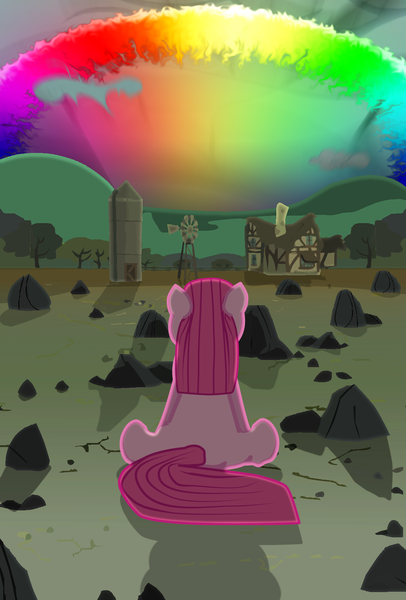 Size: 1127x1667 | Tagged: artist:cleverderpy, artist:primalmoron, back, derpibooru import, filly, pinkamena diane pie, pinkie pie, poster, rock farm, safe, scene interpretation, solo, sonic rainboom, the cutie mark chronicles