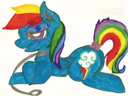 Size: 1024x775 | Tagged: artist:krazykari, blushing, collar, derpibooru import, eyeshadow, incorrect leg anatomy, leash, pet play, rainbow dash, smiling, solo, suggestive, traditional art