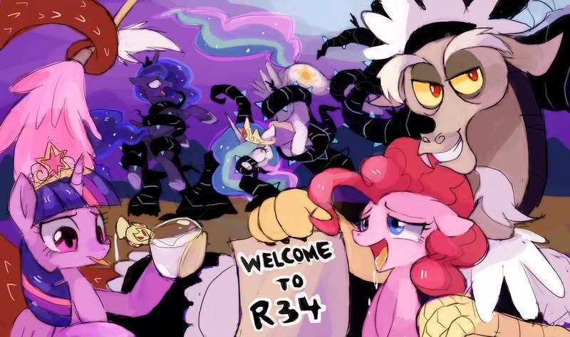 Size: 1280x758 | Tagged: suggestive, artist:suikuzu, derpibooru import, discord, pinkie pie, princess celestia, princess luna, twilight sparkle, twilight sparkle (alicorn), alicorn, draconequus, earth pony, pony, princess twilight sparkle (episode), season 4, :p, ahegao, bedroom eyes, black vine, bondage, clothes, creamy creamy frosting, crossdressing, crown, drool, duster, female, flashback potion, floppy ears, frown, grin, jewelry, looking back, maid, maid discord, male, mare, not milk, open mouth, regalia, restrained, rule 34, scene interpretation, shivering, smiling, tasting, tentacles, tongue out, wide eyes