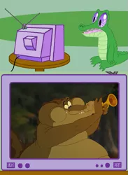 Size: 563x771 | Tagged: alligator, derpibooru import, disney, exploitable meme, gummy, gummy actually caring, louis, meme, musical instrument, obligatory pony, safe, the princess and the frog, trumpet, tv meme