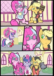 Size: 697x967 | Tagged: safe, artist:metal-kitty, derpibooru import, applejack, pinkie pie, twilight sparkle, twilight sparkle (alicorn), alicorn, pony, alcohol, axe, cider, comic, crossbow, crossover, demo jack, demoman, engie pie, engineer, female, guitar, mann vs machine, mare, medic, team fortress 2, twi medic