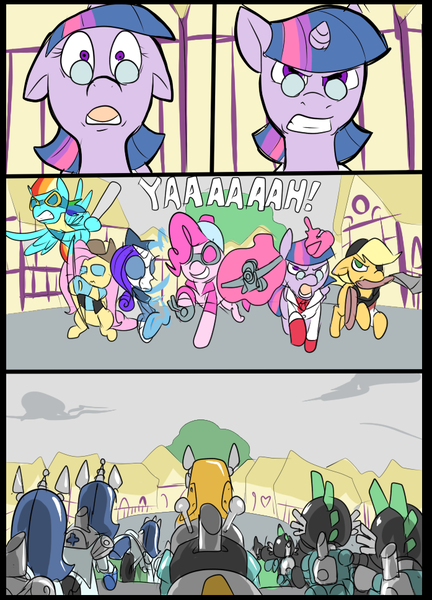 Size: 697x967 | Tagged: safe, artist:metal-kitty, derpibooru import, applejack, big macintosh, fluttershy, pinkie pie, rainbow dash, rarity, spike, twilight sparkle, twilight sparkle (alicorn), alicorn, pony, robot, comic, crossover, demo jack, demoman, engie pie, engineer, female, heavy, heavy mac, mane six, mann vs machine, mare, medic, pyro, rainbow scout, rarispy, scout, sniper, snipershy, spike pyro, spy, team fortress 2, twi medic