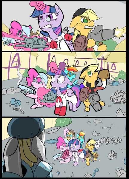 Size: 697x967 | Tagged: safe, artist:metal-kitty, derpibooru import, applejack, derpy hooves, fluttershy, pinkie pie, rainbow dash, rarity, twilight sparkle, twilight sparkle (alicorn), alicorn, pony, robot, crossover, demo jack, demoman, engie pie, engineer, female, mane six, mann vs machine, mare, medic, rainbow scout, rarispy, scout, sniper, snipershy, soldier, spy, team fortress 2, twi medic