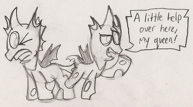 Size: 769x426 | Tagged: safe, artist:sketchy, derpibooru import, changeling, /mlp/, 4chan, dialogue, drawthread, duo, gritted teeth, image, jpeg, monochrome, one eye closed, open mouth, pencil drawing, raised hoof, shout, stuck, traditional art