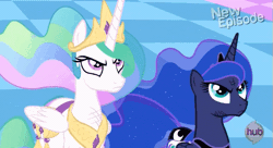 Size: 581x317 | Tagged: safe, derpibooru import, screencap, princess celestia, princess luna, alicorn, pony, princess twilight sparkle (episode), season 4, angry, animated, bruised, celestia is not amused, chestplate, crown, duo, ethereal mane, ethereal tail, female, flashback, flowing mane, flowing tail, folded wings, gif, glare, hub logo, jewelry, looking up, luna is not amused, mare, multicolored mane, plunder seeds, regalia, royal sisters, saddle bag, siblings, sisters, starry mane, unamused