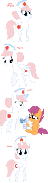 Size: 1448x5420 | Tagged: safe, artist:pupster0071, derpibooru import, nurse redheart, scootaloo, alicorn, pegasus, pony, unicorn, alicornified, all pony races, bandage, crying, injured, race swap, scissors, simple background, white background