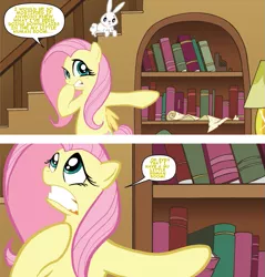 Size: 711x744 | Tagged: safe, artist:tonyfleecs, derpibooru import, edit, idw, angel bunny, fluttershy, pony, bipedal, book, comic, dialogue, humie, library, my little human, secret, text edit