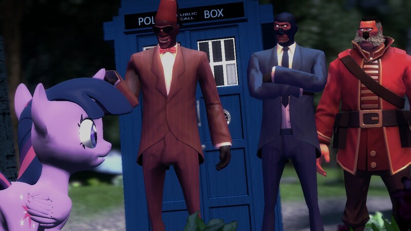 Size: 1366x768 | Tagged: safe, artist:fezwearingdoctor, derpibooru import, twilight sparkle, twilight sparkle (alicorn), alicorn, pony, season 4, 3d, day of the doctor, doctor who, eleventh doctor, female, fez, gmod, hat, mare, soldier, spy, tardis, team fortress 2, tenth doctor, war doctor, wat