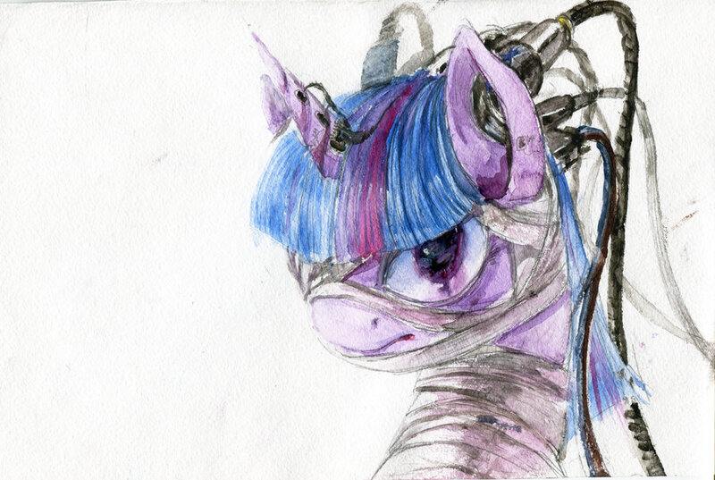 Size: 900x604 | Tagged: semi-grimdark, artist:quiet-victories, derpibooru import, twilight sparkle, cyborg, aenima, bandage, cables, solo, traditional art, watercolor painting