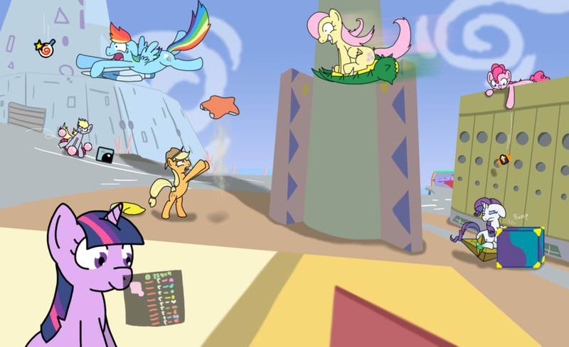 Size: 1024x626 | Tagged: safe, artist:mettauro, derpibooru import, applejack, derpy hooves, fluttershy, pinkie pie, rainbow dash, rarity, twilight sparkle, pegasus, pony, city trial, compact star, crossover, female, flight warp star, hydra (air ride manchine), hyper candy, kirby, kirby air ride, mane six, mare, slick star, swerve star, video game