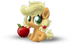 Size: 5600x3500 | Tagged: safe, artist:symbianl, derpibooru import, applejack, pony, apple, baby, baby pony, babyjack, filly, foal, obligatory apple, sitting, solo, tongue out