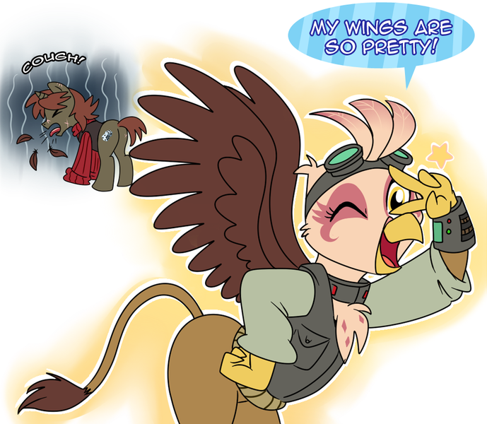 Size: 950x827 | Tagged: safe, artist:madmax, derpibooru import, oc, oc:double tap, oc:paharita, unofficial characters only, gryphon, pony, unicorn, fallout equestria, fallout equestria: anywhere but here, bomb collar, butt, chest fluff, collar, coughing, dialogue, fanfic art, looking at you, my wings are so pretty, one eye closed, open mouth, plot, preening, smiling, spread wings, stars, wink