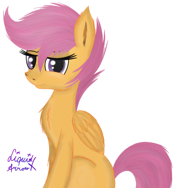 Size: 1270x1369 | Tagged: safe, artist:liquidarrow-x, derpibooru import, scootaloo, pegasus, pony, female, looking at you, mare, signature, simple background, sitting, solo, transparent background