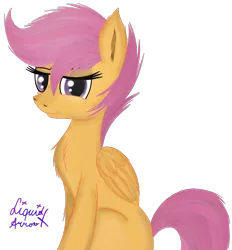 Size: 1270x1369 | Tagged: safe, artist:liquidarrow-x, derpibooru import, scootaloo, pegasus, pony, female, looking at you, mare, signature, simple background, sitting, solo, transparent background