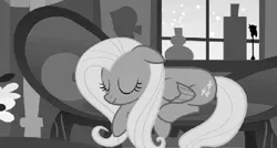 Size: 700x374 | Tagged: black and white, derpibooru import, fluttershy, grayscale, meme, monochrome, safe, sleeping, solo, twilight scepter