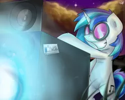 Size: 2500x2000 | Tagged: safe, artist:shinodage, derpibooru import, vinyl scratch, pony, bass cannon, bipedal, glasses, remake, solo, wub