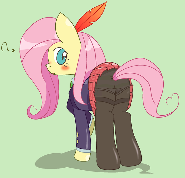 Size: 980x942 | Tagged: artist:omiya, clothes, dead source, derpibooru import, fluttershy, looking back, panties, pantyhose, plot, school uniform, see-through, skirt, solo, striped underwear, suggestive, underwear, upskirt