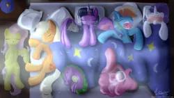 Size: 4096x2304 | Tagged: safe, artist:niegelvonwolf, derpibooru import, applejack, fluttershy, pinkie pie, rainbow dash, rarity, smarty pants, spike, twilight sparkle, twilight sparkle (alicorn), alicorn, pony, bed, female, mane seven, mane six, mare, sleep mask, sleeping, sleepover, snot bubble