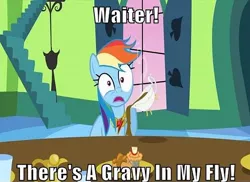 Size: 997x725 | Tagged: safe, derpibooru import, edit, edited screencap, screencap, rainbow dash, pony, keep calm and flutter on, caption, female, gravy, gravy boat, image macro, mare, solo, wide eyes, wrong aspect ratio