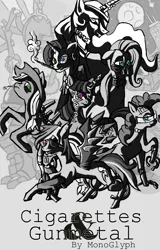 Size: 863x1350 | Tagged: applejack, artist:monoglyph, cigarette, cigarette holder, cyberpunk, derpibooru import, fanfic, fluttershy, pinkie pie, princess celestia, rainbow dash, rarity, safe, science fiction, smoking, twilight sparkle